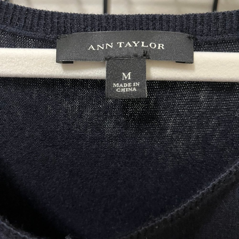 Ann Taylor Navy Sweater with Faux Leather Piping, Size Medium